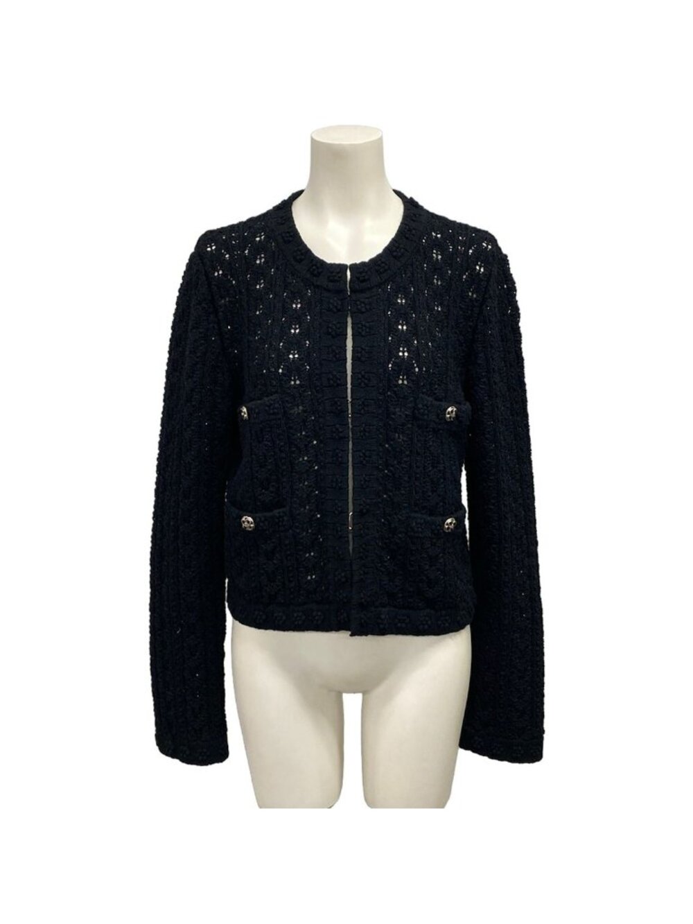 Chanel Jacket M Black Long Sleeve Collarless Openwork Knitting Flower Trimming